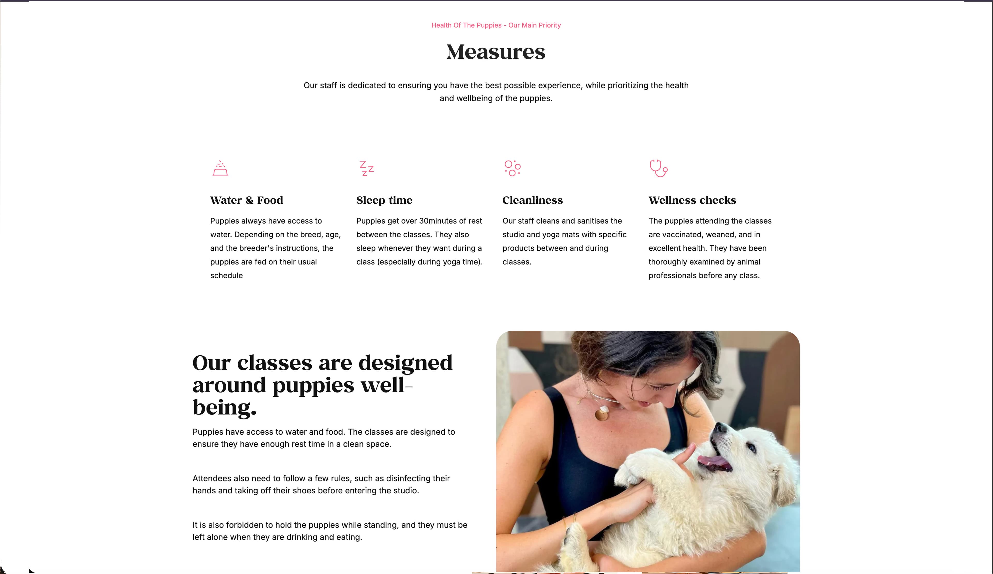Puppies & Yoga homepage with class listings